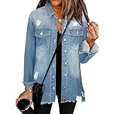 Bosmeer Women's Oversized Jean Jacket Casual Long Sleeve Denim Shirts Distressed Frayed Hem Denim Jackets Fall Outfits 2025