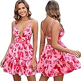 Parthea Women's Summer Boho Floral Mini Dress Spaghetti Strap V Neck Floral A Line Beach Vacation Cute Casual Dresses
