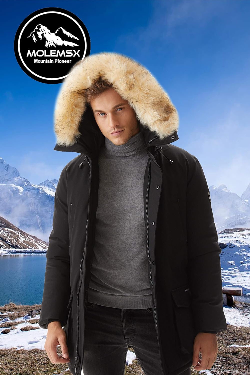 Molemsx Men's Down Alternative Jacket Mountain Thicken Lined Fur Hooded Long Anorak Parka Padded Coat XS-3XL: Clothing