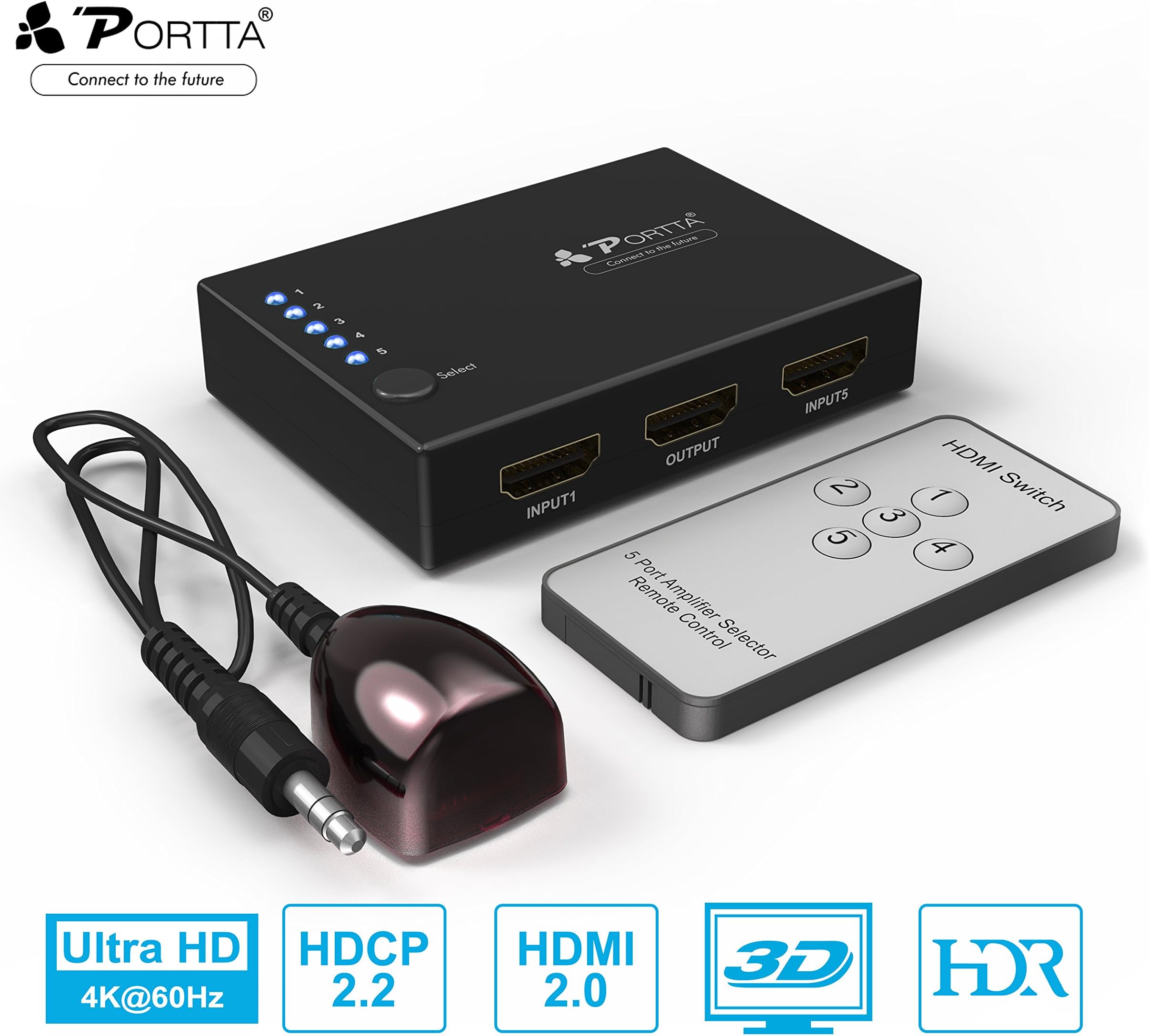 Portta 4K 5-Port HDMI Switch Auto Switch HDMI Switcher 5 Input 1 Output HDMI Splitter V2.0 with IR Remote Support Full HD 3D 4K@60Hz 4:4:4 HDCP2.2 HDR for PS4 PRO/Xbox One/Blu-ray Player/ Roku etc