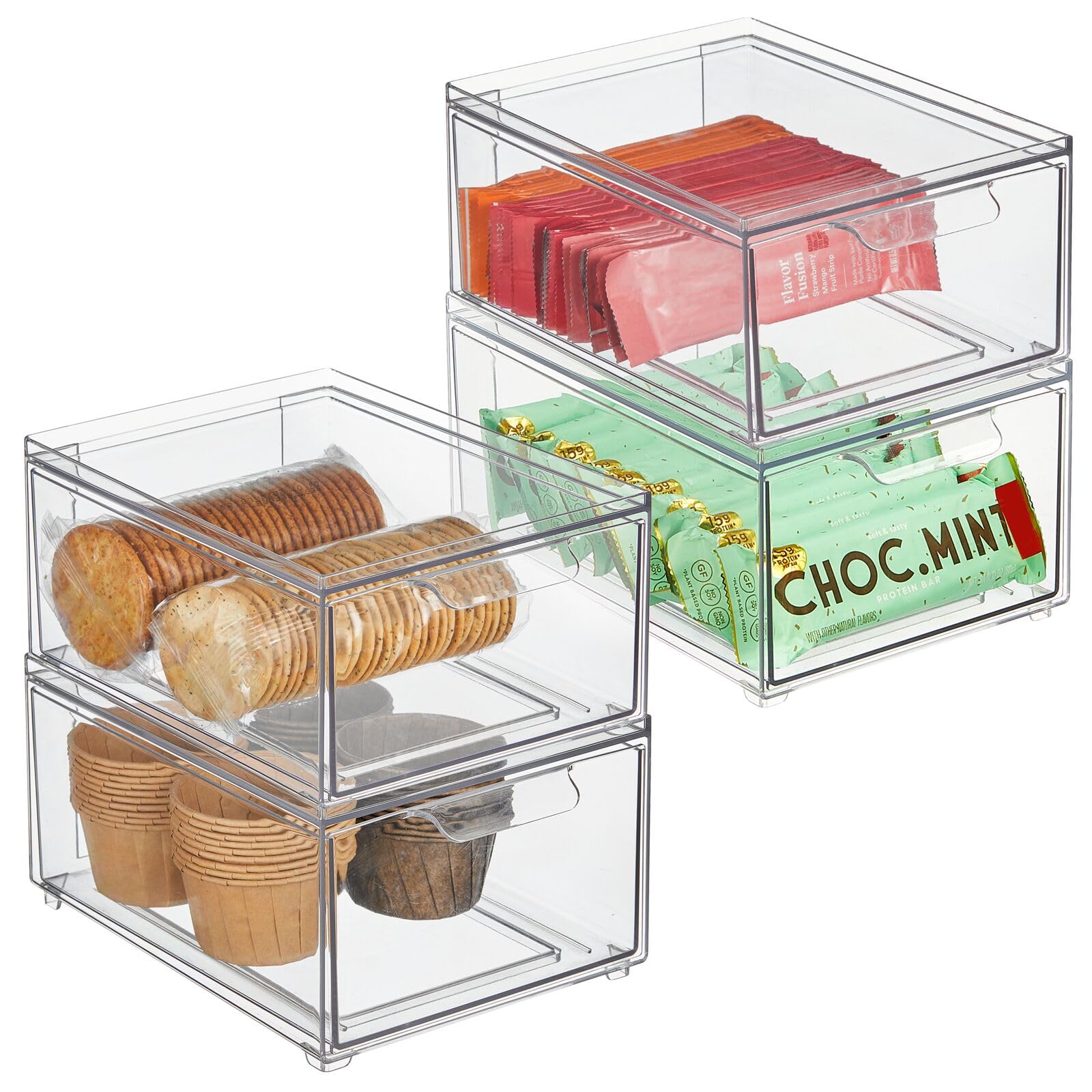 Photo 1 of mDesign Stackable Storage Containers Box with Pull-Out Drawer - Stacking Plastic Drawers Bins for Kitchen Pantry and Cupboard, Cabinet, Counter, Island and Tables - Lumiere Collection - 4 Pack - Clear