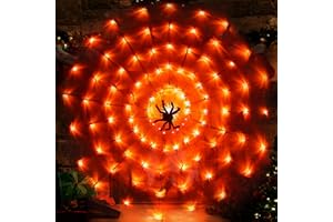 kemooie 120 Led 4.92FT Giant Spider Web Lights with Hairy Spider and Cobweb for Lighted Halloween Decorations Outdoor Halloween Window Decorations Wall Garden Patio Yard Decor (Orange)