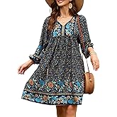 Qearal Women's Casual V Neck 3/4 Sleeve Boho Floral Printed Loose Short Flowy Summer Beach Vacation Dress