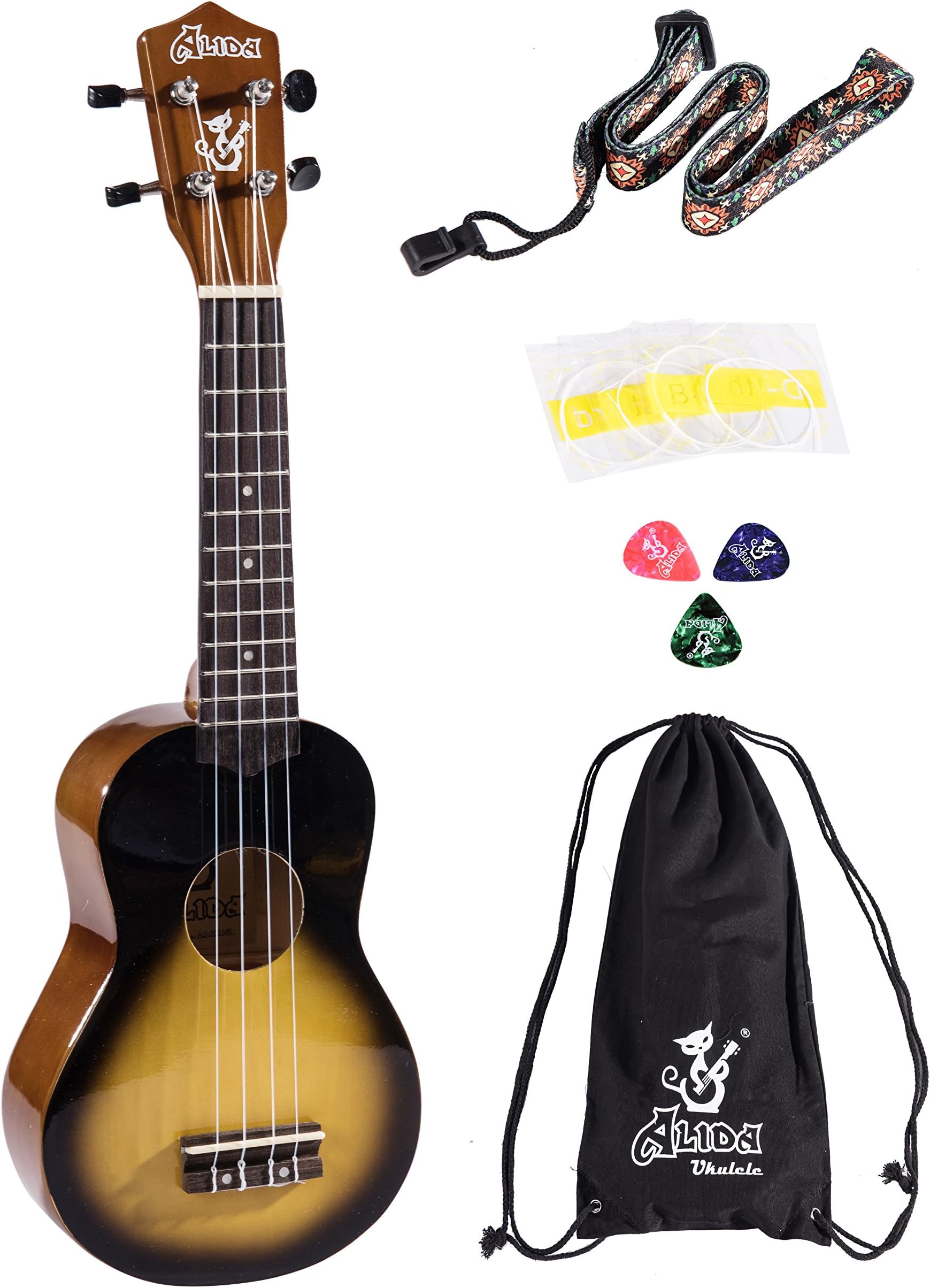 Alida Basswood Soprano Ukulele For Kid Guitar Bundle with a Bag, Strap, a set Spare Strings and 3pcs Ukulele Picks