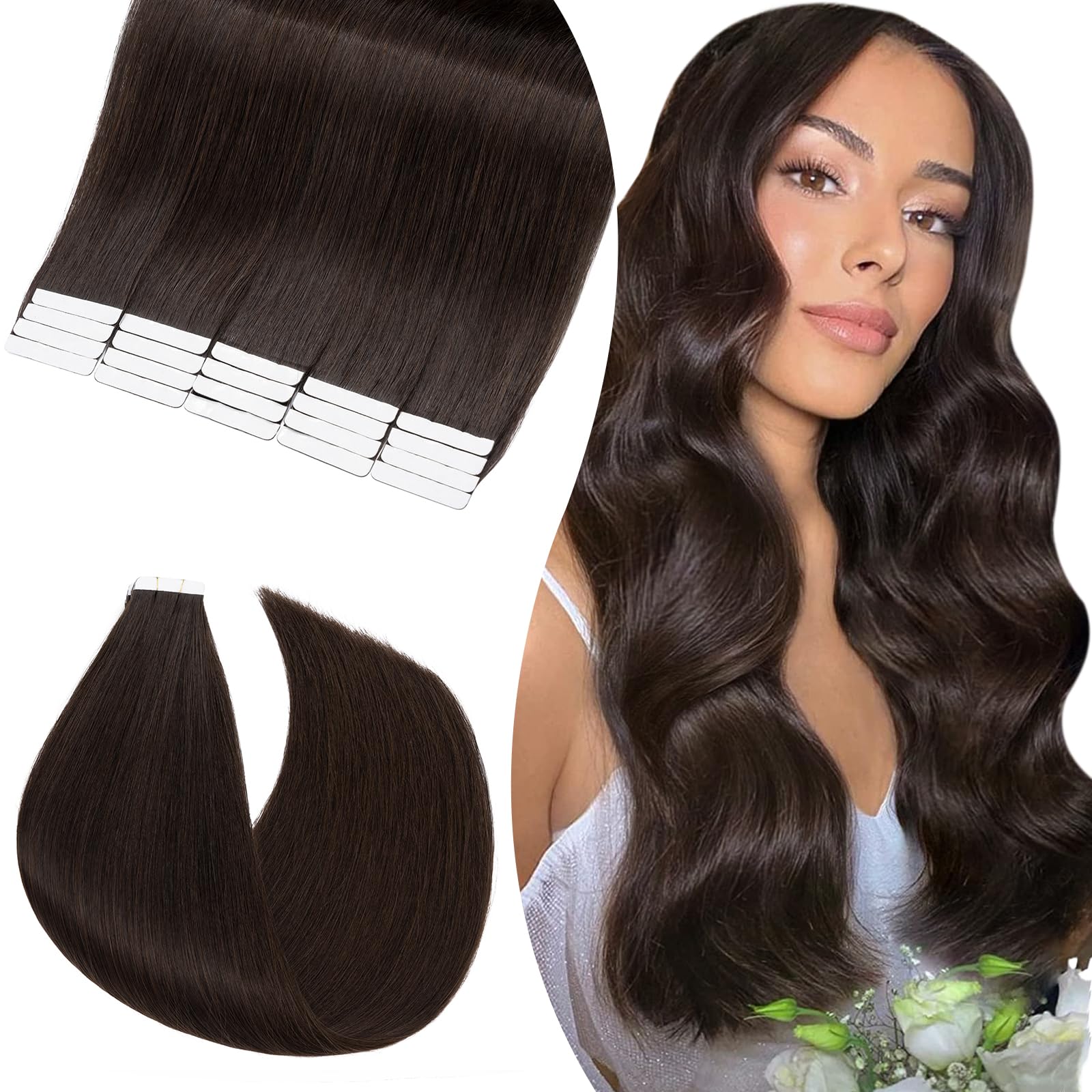 UK-Fashion-Shop Tape in Hair Extensions Real Human Hair Remy Hair Pieces Long Straight Natural Seamless Skin Weft（24inch 50gram 20PCS 2 Dark Brown） — image 1
