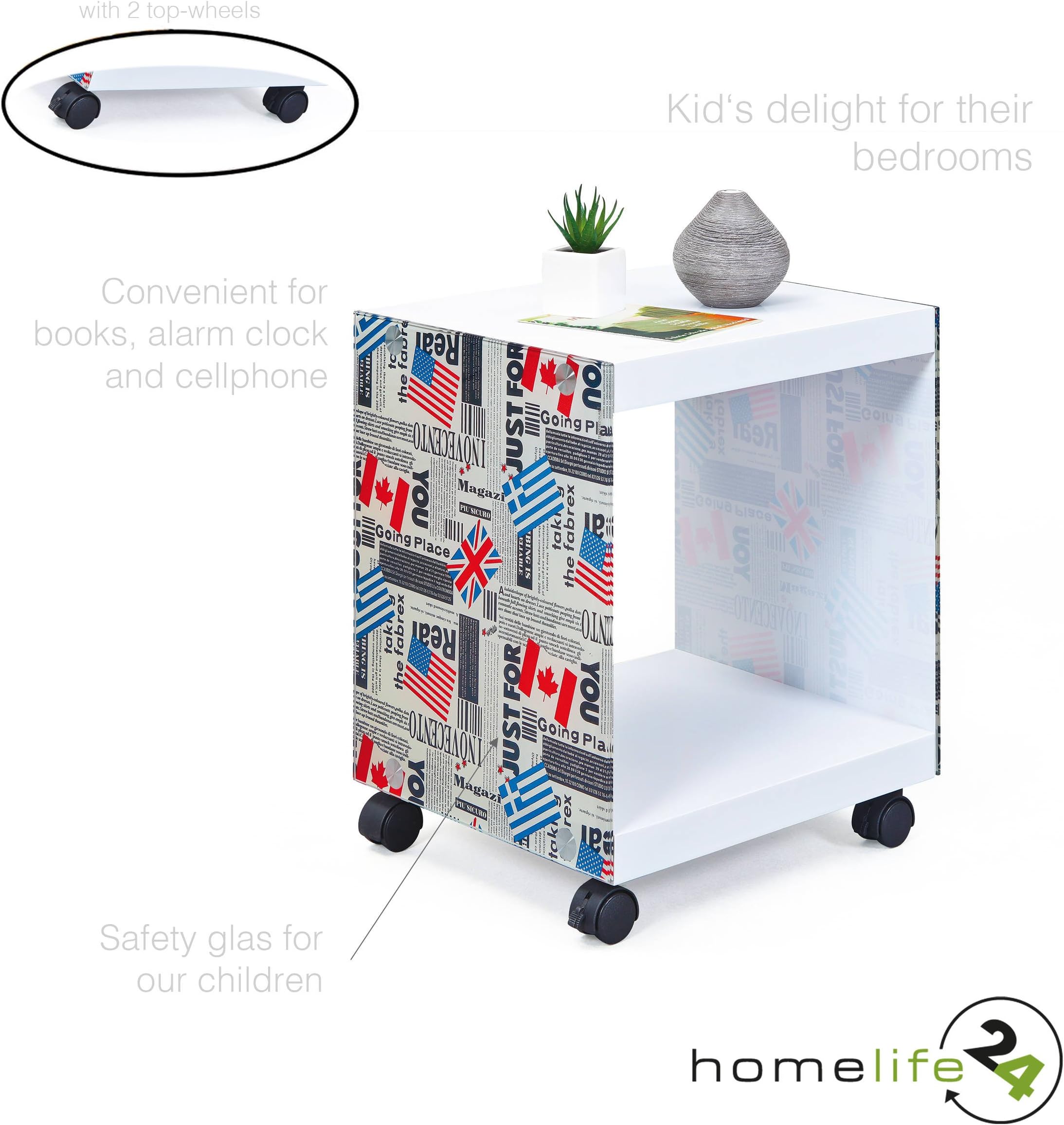 H24living Glass Coffee Table, Mobile Side Table, White Bedside Table, End Table, table on castors, wheels, London, Britain, UK Style, Union Jack, White Safety Glass