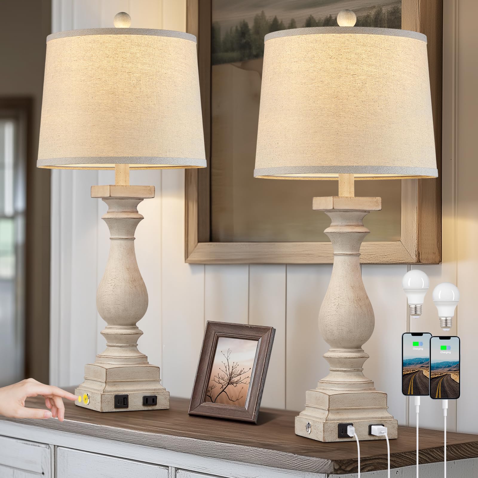 Photo 1 of MOUVOVO 28" Tall Farmhouse Table Lamps Set of 2 with USB C+A Ports and AC Outlet, 3 Way Touch Control Rustic Bedside Lamp for Bedroom, Beige Vintage Nightstand Lamp for Living Room Office