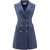 Hobemty Women's Sleeveless Tweed Dress Collared Belted Button Down Work Blazer Dresses