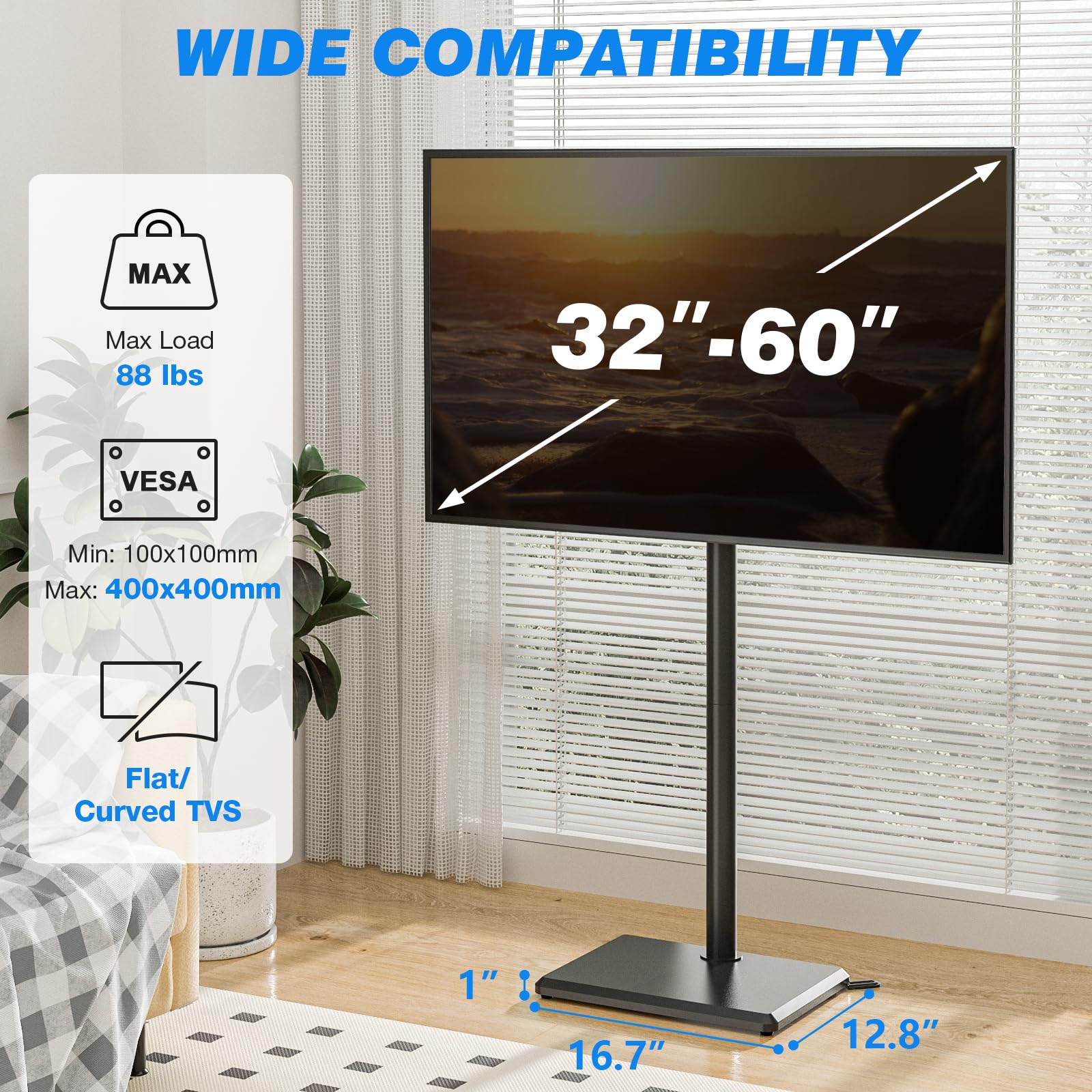 Rfiver Swivel Floor TV Stand with Mount for 32-60 inch TVs up to 88 lbs, Height Adjustable Tall TV Stand with Wood Base, Saving Space Design for Bedroom, Living Room and Corner, Max VESA 400x400mm