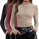 Oakgarden 3 Pack Women's Mock Neck Sweater Long Sleeve Ribbed Knit Slim Fitted Tops Lettuce Trim Lightweight Pullover Sweater