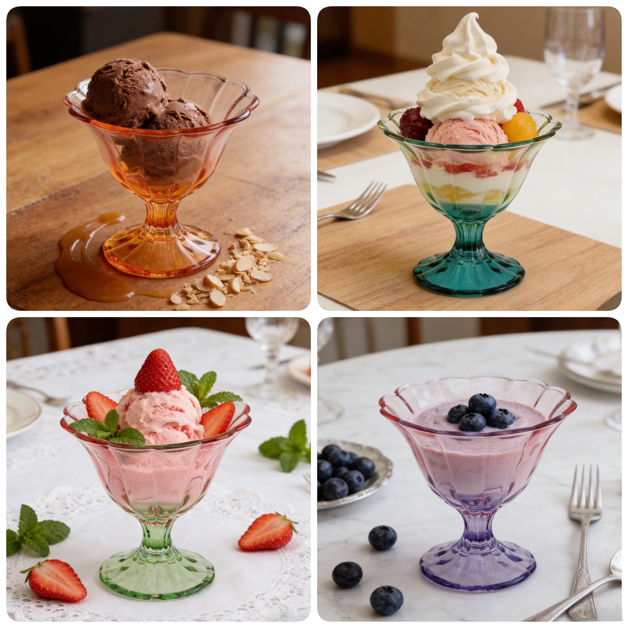 Glass Dessert Bowls 10 Oz Set of 4 Ice Cream Cups Footed Bowl Assorted Colors Clear Drinking Cup for Sundae, Dessert, Candy, Fruit, Ice Cream, Snack Pudding