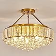YYJLX 6-Light Modern Large Crystal Chandelier Gold Metal E26 Semi Flush Mount Round Ceiling Light Fixture Ceiling Lamp Farmhouse for Dining Room Living Room Laundry Room Foyer Kitchen Bedroom
