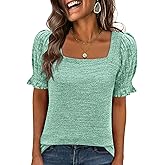 ANRABESS Womens Tops Summer Dressy Casual Work Blouses Square Neck Ruffle Short Sleeve Tee Shirts 2026 Fashion Tunic Sweater