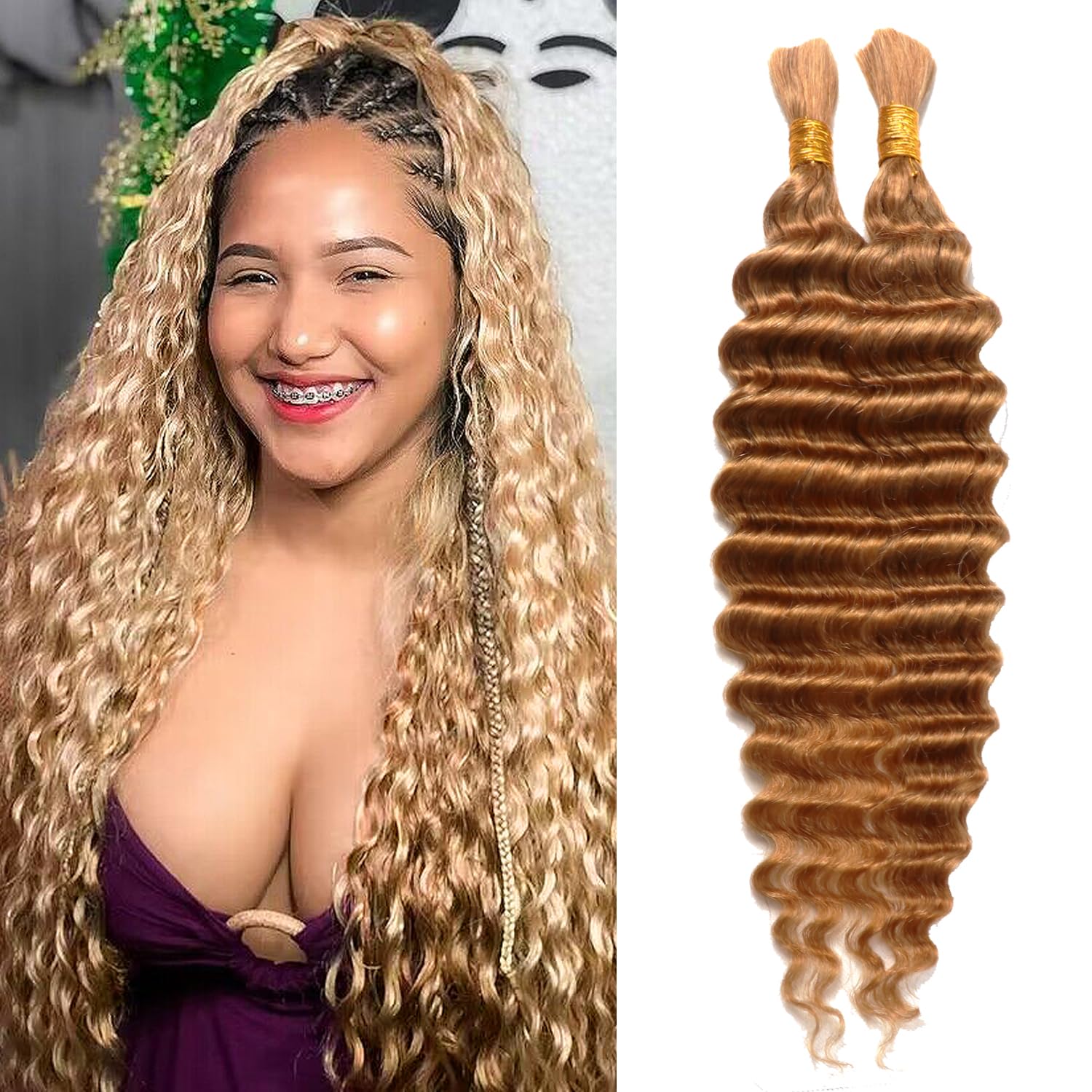 Deep Wave Bulk Human Hair For Braiding 2Bundles Micro Braids Human Hair For Braiding Wet And Wavy Deep Twist Human Braiding Hair For Women (27#, 16Inch 100g(50gx2Bundles))