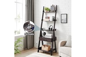 G LOVITGO LOVE IT GO ! Lovitgo Ladder Shelf, 5 Tier Ladder Bookshelf with Power Outlet, USB Port, Fast Charging and Drawer, Wood Ladder Shelves for Living Room, Home Office, Kitchen, Bedroom, Industrial Style, Espresso