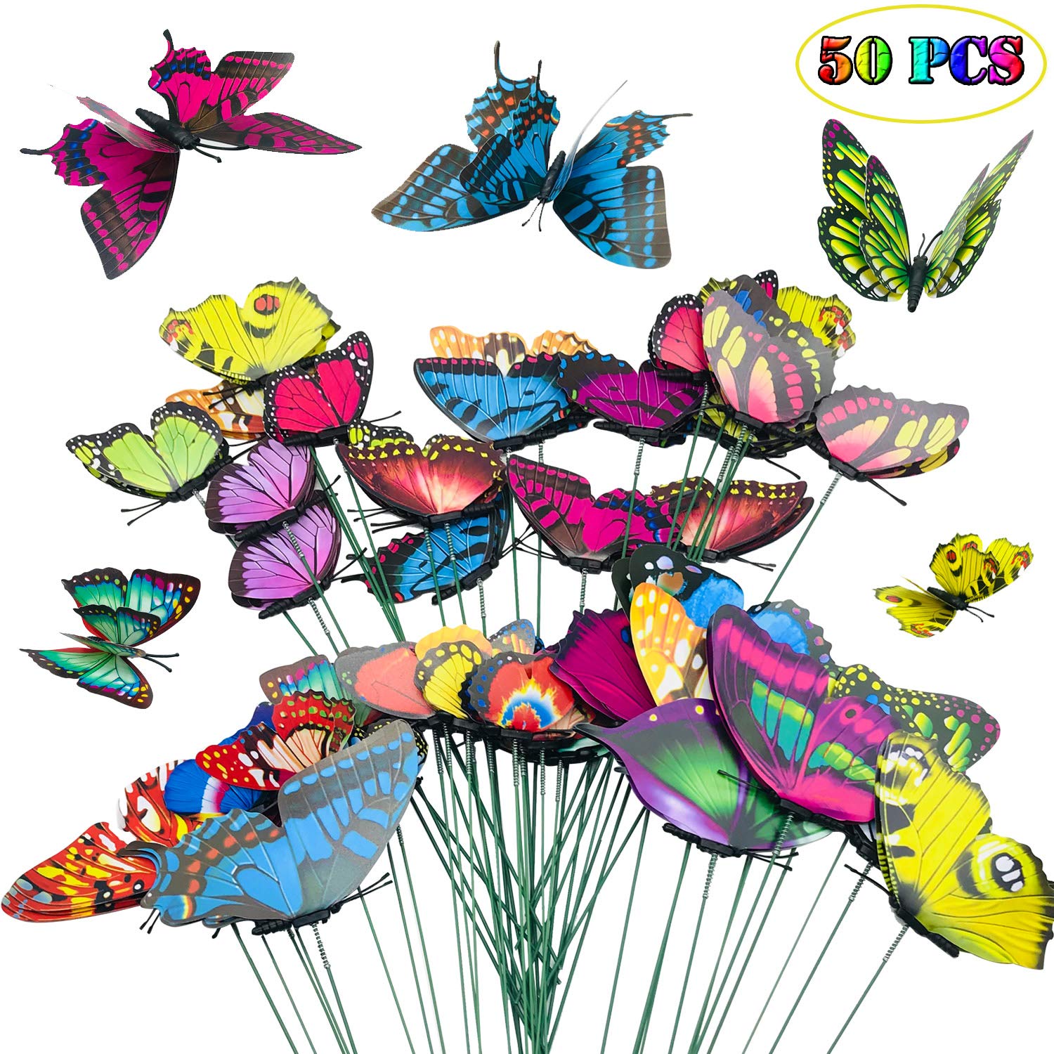 Allazone 50 PCS Butterfly Garden Stakes, 3 Size Double Wing Artificial Butterfly Stakes Indoor Outdoor Yard Garden Flower Pot Decoration, Miniature Fairy Garden Decoration