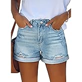 Angerella Denim Shorts for Women Mid Rise Ripped Jean Shorts Stretchy Folded Hem Hot Short Jeans
