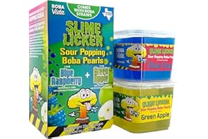 Slime Licker by BobaVida Blue Raspberry & Green Apple Sour Popping Boba Pearls | No Corn Syrup Fruit Boba Pearls | Popping Boba For Drinks & Desserts | Includes Straws | 1 flavor each (2 Tubs)