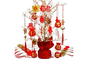 PETOX Chinese New Year Decorations 2024, Felt Hanging Ornaments, Gold Ingot, Fu Character, Lucky Bags, Chinese Knots for 2024 Spring Festival Party Decor, 38 Pcs