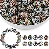 HHCFAST 50Pcs Multicolor Leopard Silicone Beads for Keychain Making, Pattern Print Silicone Beads for Pens Necklace Bracelets Craft