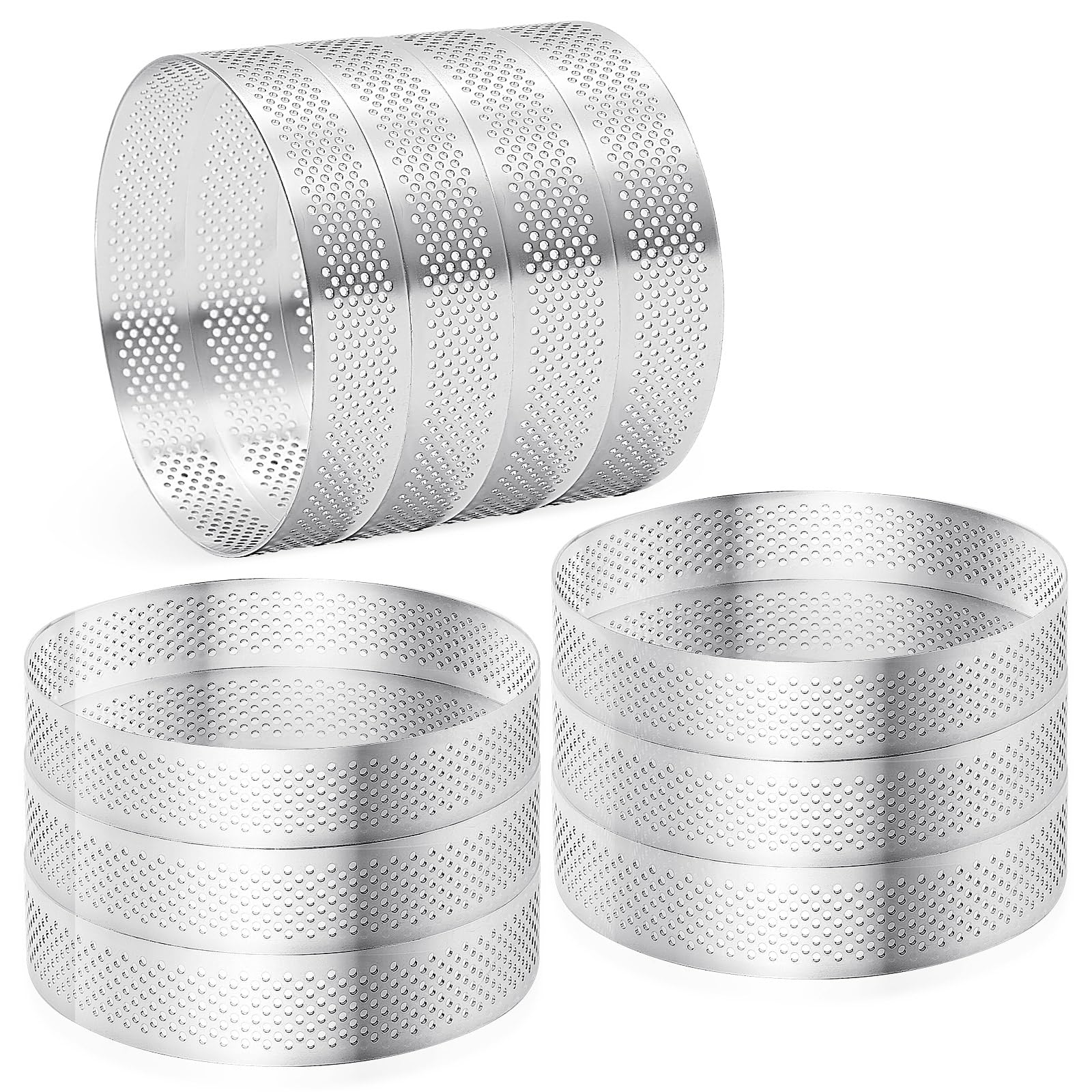 Photo 1 of 10 Pcs 4 Inch 304 Stainless Steel Tart Ring, Heat-Resistant Perforated Cake Mousse Ring, Round Ring Baking Doughnut Tools (10cm)