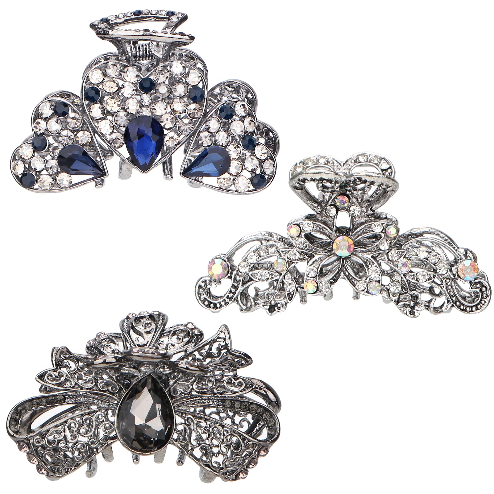 kilofly 3pc Vintage Crystal Hair Claw Clips Long Thick Hair Metal Clamps