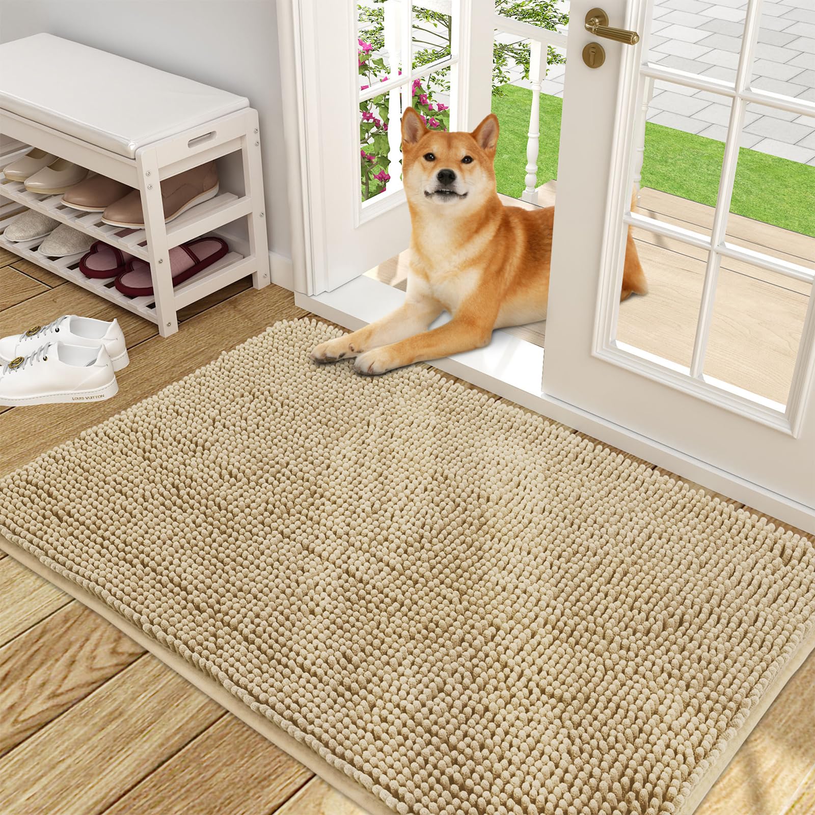 Photo 1 of OLANLY Dog Door Mat for Muddy Paws 48x30, Absorbs Moisture and Dirt, Absorbent Non-Slip Washable Doormat, Quick Dry Chenille Mud Mat for Dogs, Entry Indoor Entryway Carpet for Inside Floor, Beige