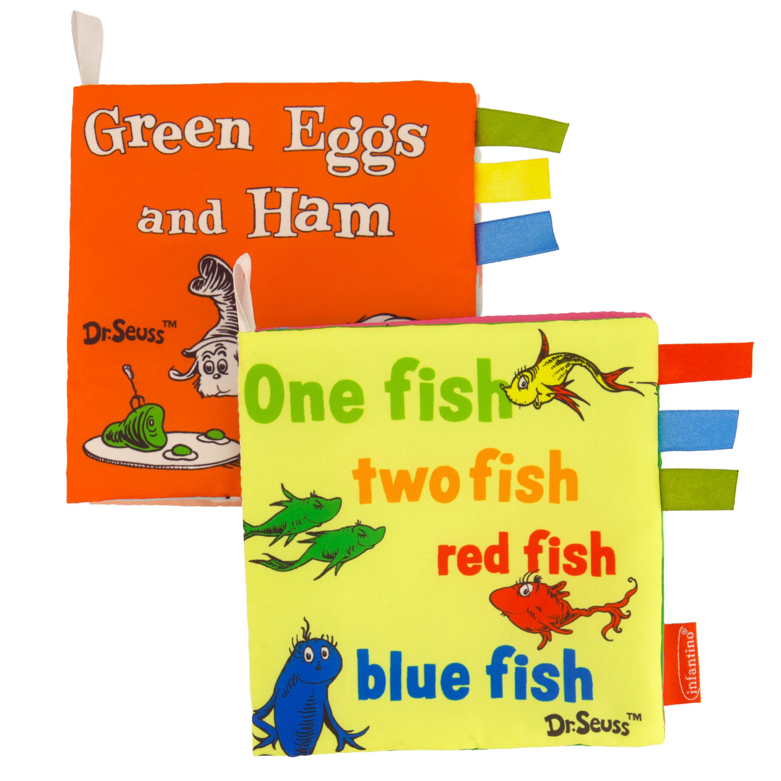 Infantino Dr. Seuss Soft Activity Books, One Fish Two Fish Red Fish Blue Fish & Green Eggs and Ham, Baby Cloth Books with Colorful Pages and Satin Tags for Infants & Toddlers 0+ Months, 2-Pack