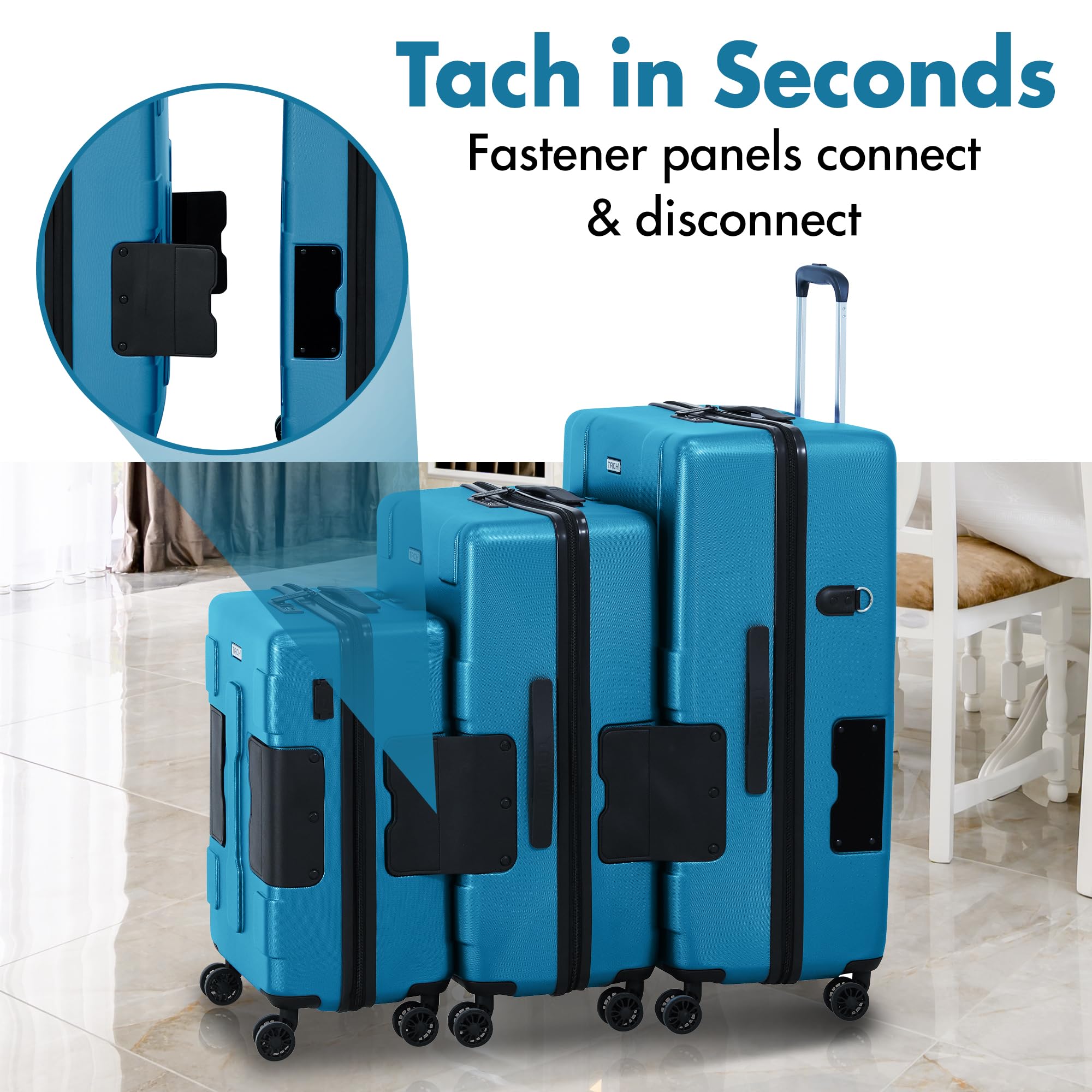 TACH V3.1 Hard Shell 3 Piece Luggage Set - 20, 24 & 28 inch Luggage | Carry On, Medium & Large Checked Suitcases | Patented Built-In Connecting System | Rolling Suitcase Links 9 Bags (Blue)