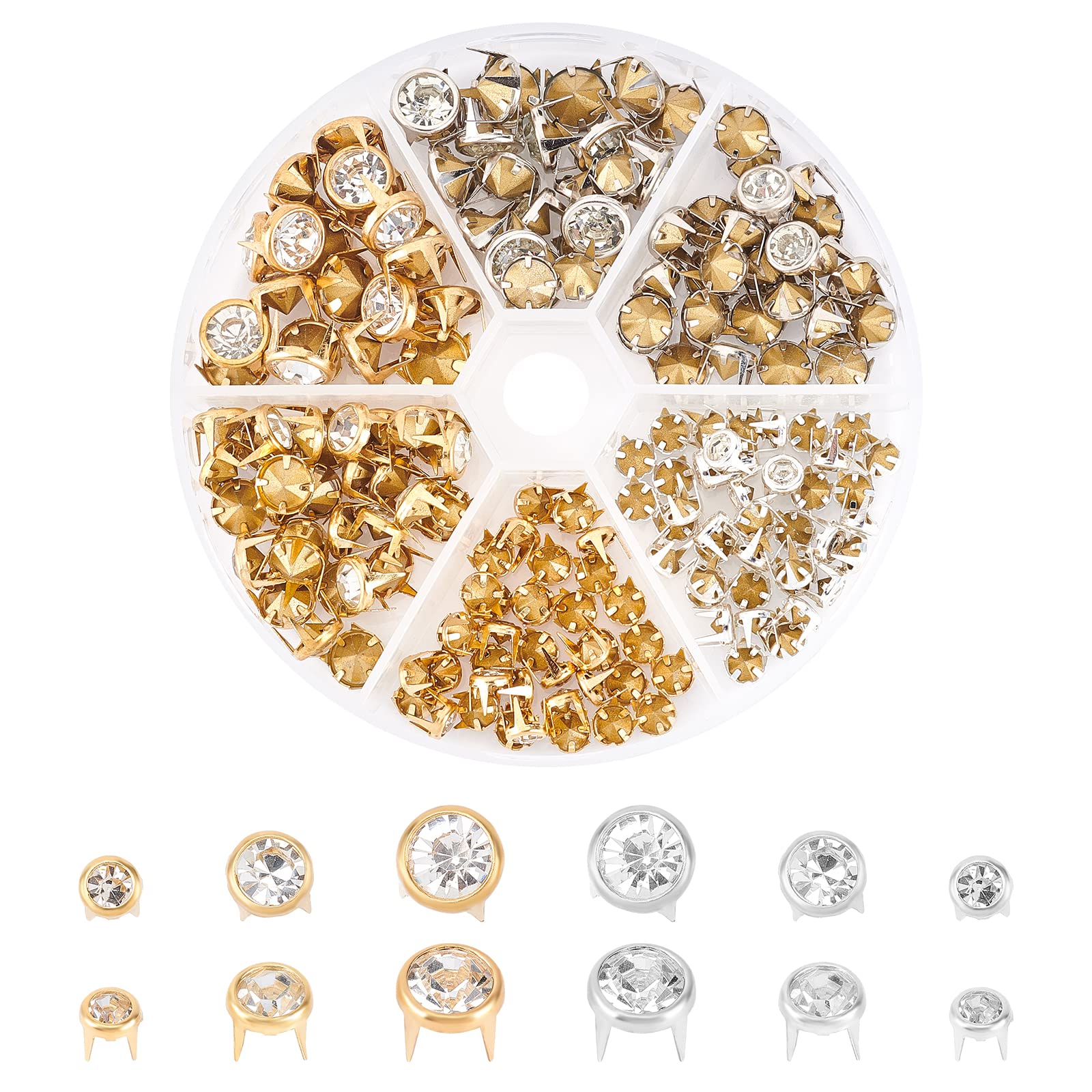 WADORN 180 Pack Rhinestone Rivets Studs, 3 Sizes Rhinestones Nailhead Spikes Spots Studs Metal Spikes Rivets 6/8/10mm Nailhead Studs Claw Beads Spikes Rivets for Leather Craft DIY Making