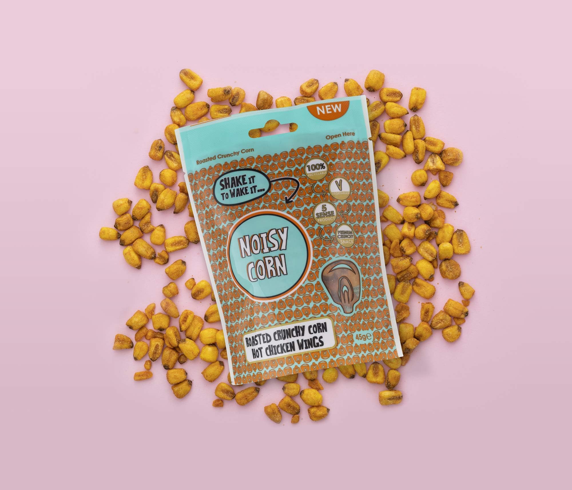 Noisy Snacks Corn | Hot Chicken Wing Extra Bold Flavour | 9 Packs | Suitable for Vegetarians | Roasted Premium Crunchy Corn | Ideal Lunchtime or Party Snack |100% Recyclable Packaging - 45g Per Pack