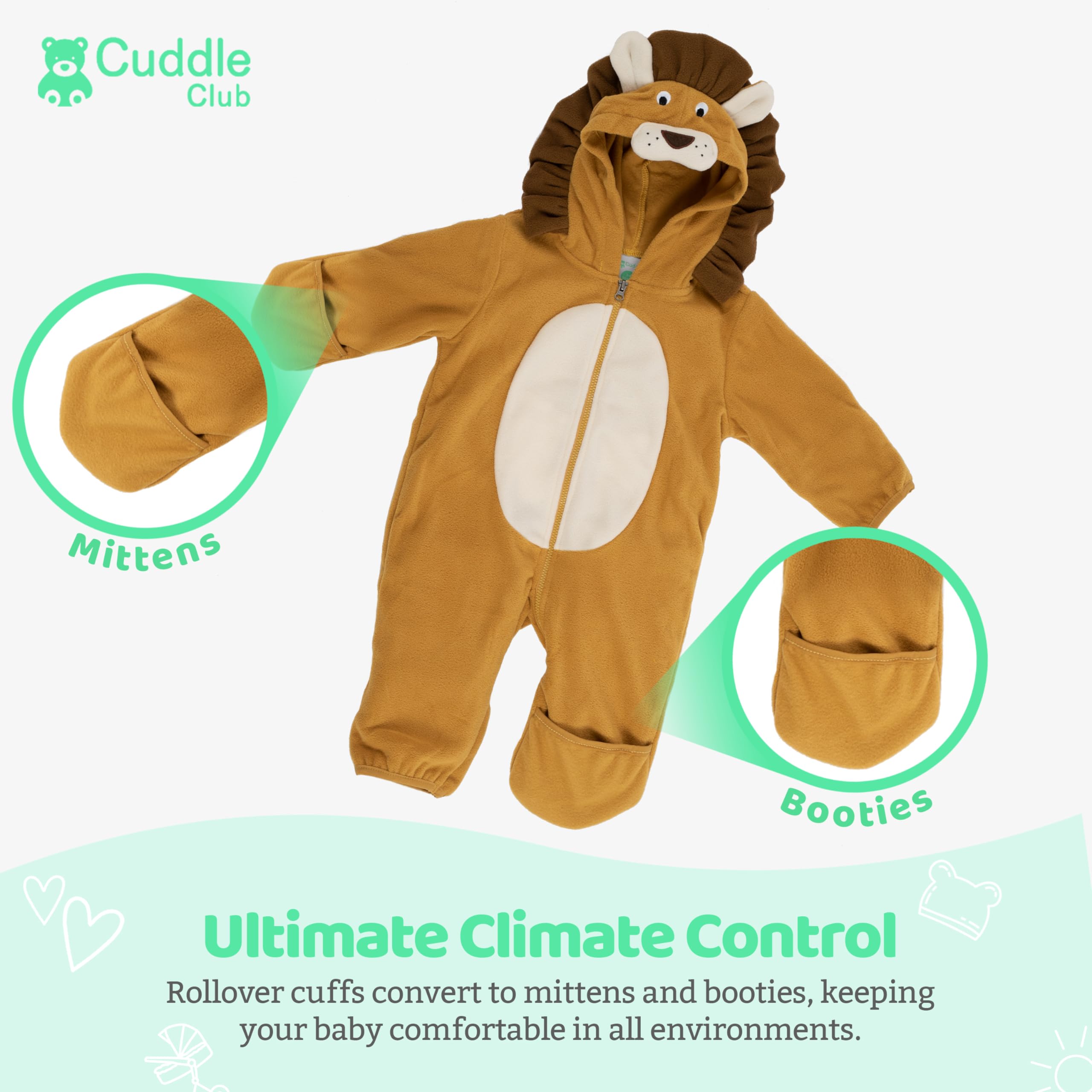 Cuddle Club Fleece Baby Bunting Bodysuit with Hood, Convertible Mittens & Booties, Car Seat Friendly, Soft & Warm, Easy Zip
