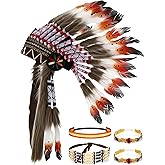 Suncalla Native American Feather Headdress Indian Headdress with Choker, Elastic Headband and 2 Armbands for Halloween Cosplay Party Carnival, Role Play and Costume Parties