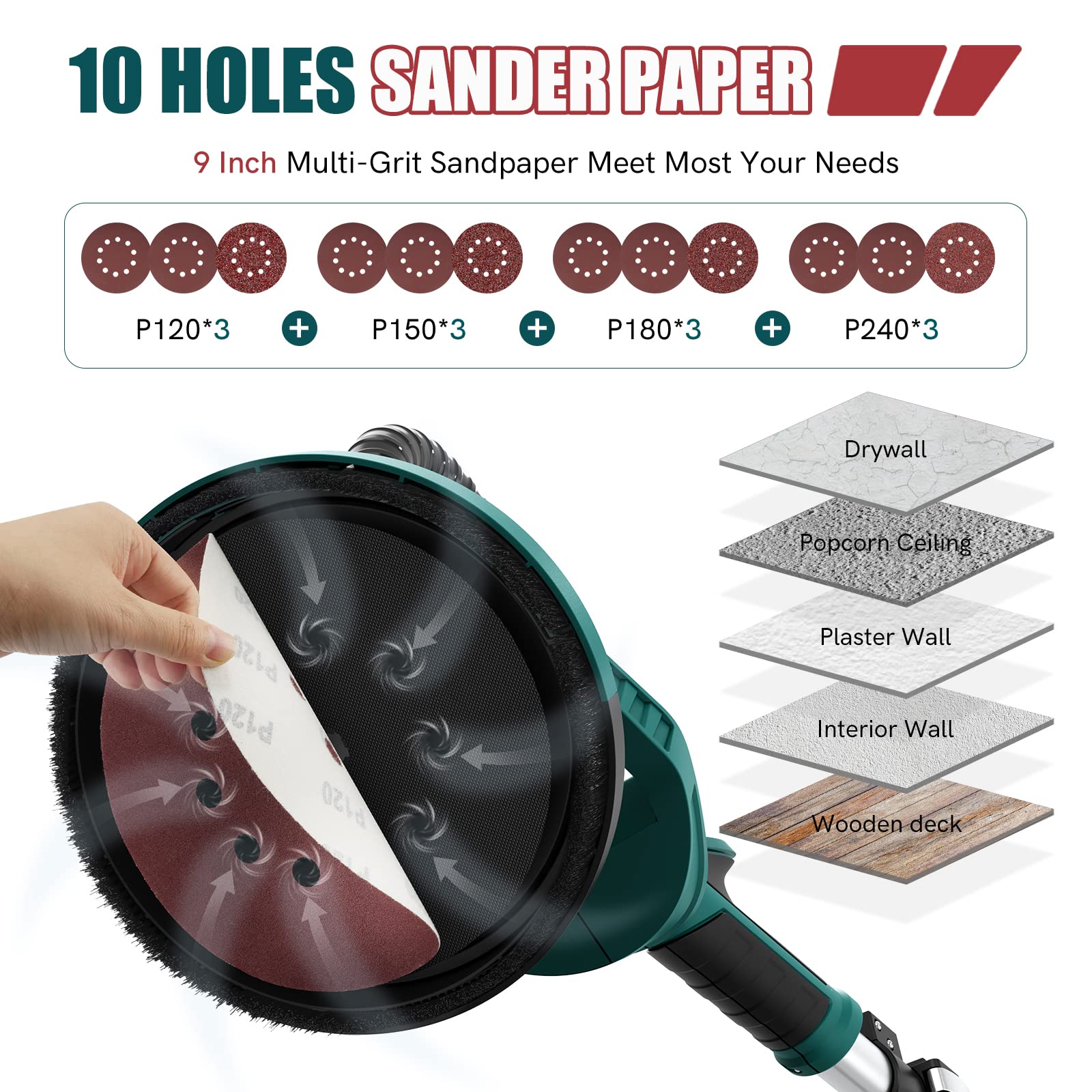 NEU MASTER Electric Drywall Sander - Variable Speed Pole With Vacuum, 900-1800RPM Foldable Ceiling Sander, 12 Sanding Discs, LED Light, Extendable Handle, Dust Bag and Hose