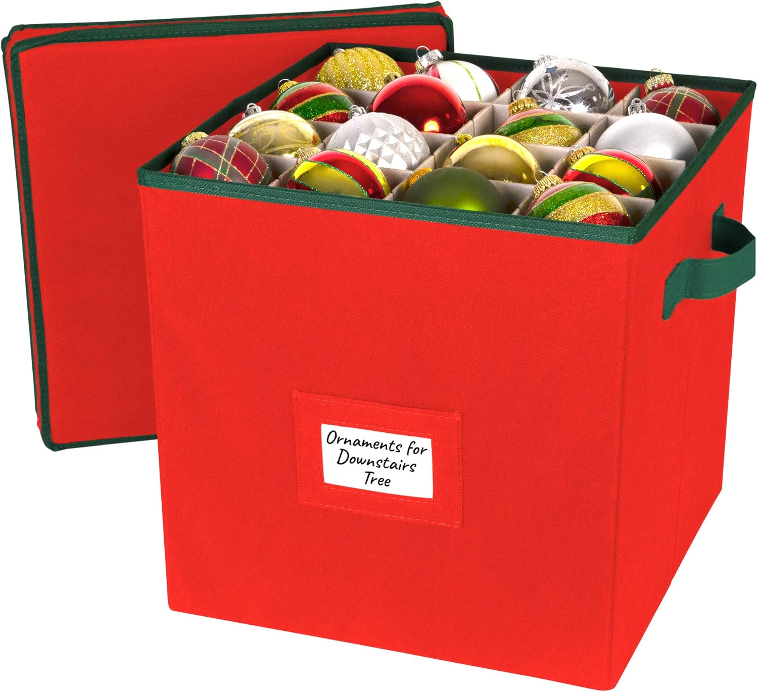 Holiday Décor Storage - HOLDN’ STORAGE Christmas Ornament Storage Box with Lid - Christmas Décor Storage Containers that Store up to 64 Holiday Ornaments - Red/Green Trim