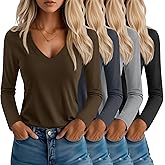 Neer 4 Pack Women's T-Shirts V Neck Long Sleeve Casual Tops Loose Fit Basic Layering Shirts Straight Hem Plain Soft Tees