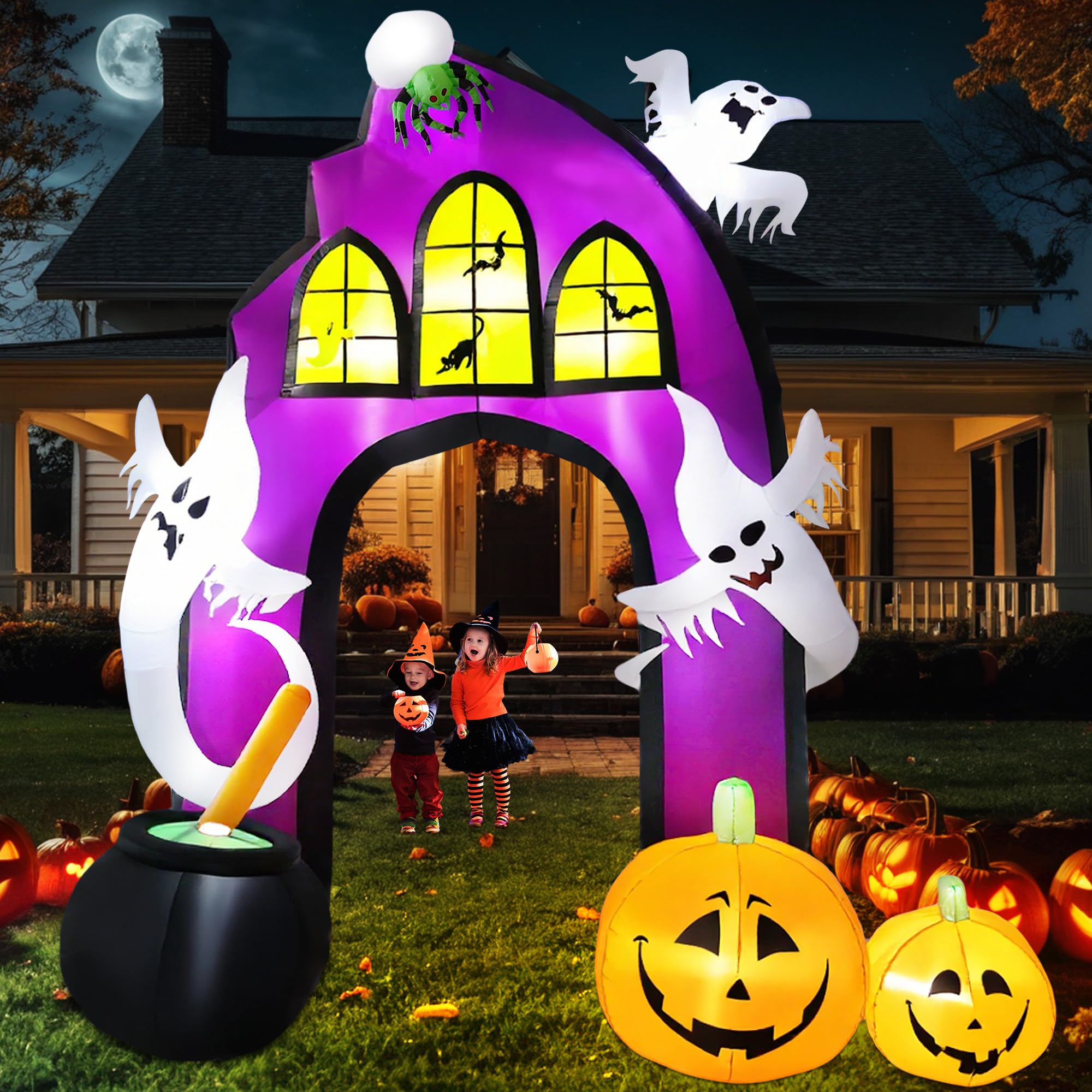 Photo 1 of 11 FT Halloween Inflatables Giant Arch Flying Ghosts Outdoor Decorations, Blow Ups Arch with Build-in LED Lights, Funny Yard Garden Decoration for Halloween Party Indoor Outdoor