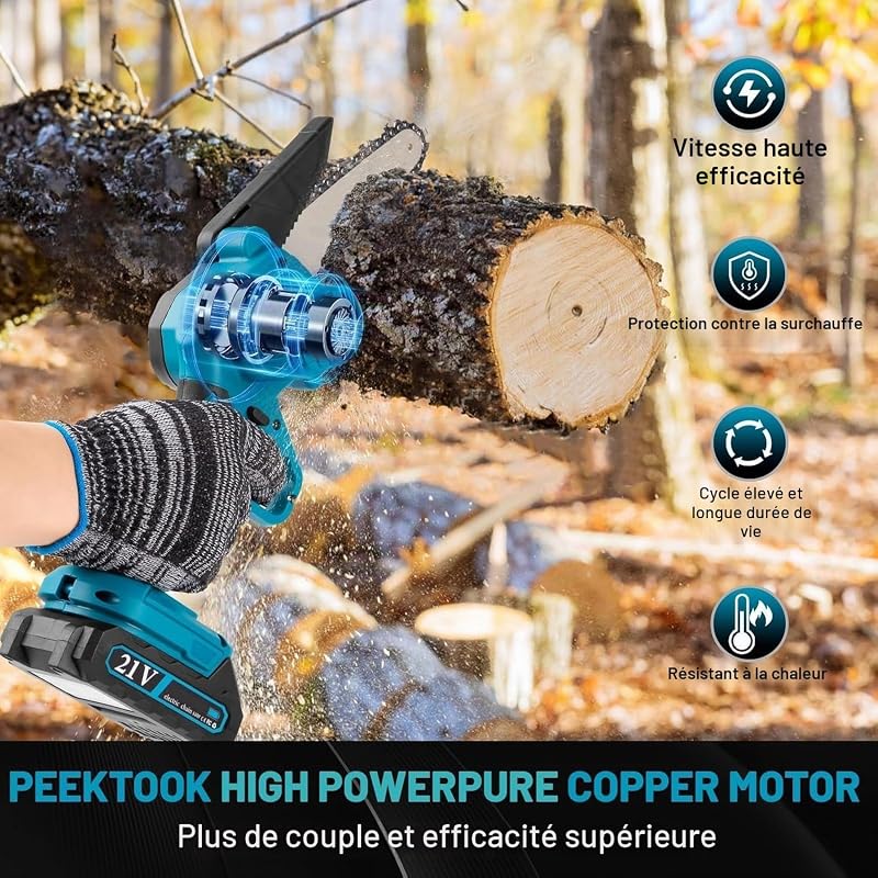 Mini Tronçonneuse à Batterie, 1000W Moteur Brushless, 6 Pouces Tronçonneuse Électrique Sans Fil avec 4000mAh Batteries de Grande Capacité, 2 Chaînes et Verrou de Sécurité pour Coupe de Bois et Jardin