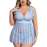 Avidlove Plus Size Lingeire for women Lace Babydoll Mesh Chemise Sexy Nightwear Sheer Nightie with Lace Up Bows L-4XL