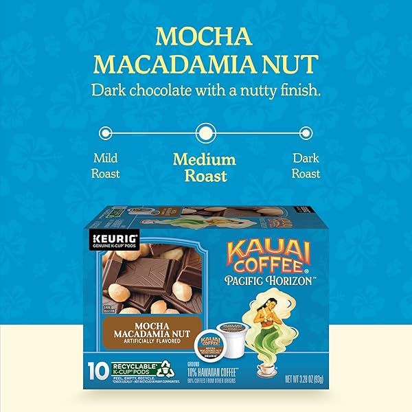 KAUAI COFFEE K-CUP PODS FOR KEURIG BREWERS – ARABICA COFFEE, 10% HAWAIIAN – MEDIUM ROAST, SAVORY AND CHOCOLATEY AROMA – MOCHA MACADAMIA NUT, 1 PACK OF 10 SINGLE SERVE K-CUPS