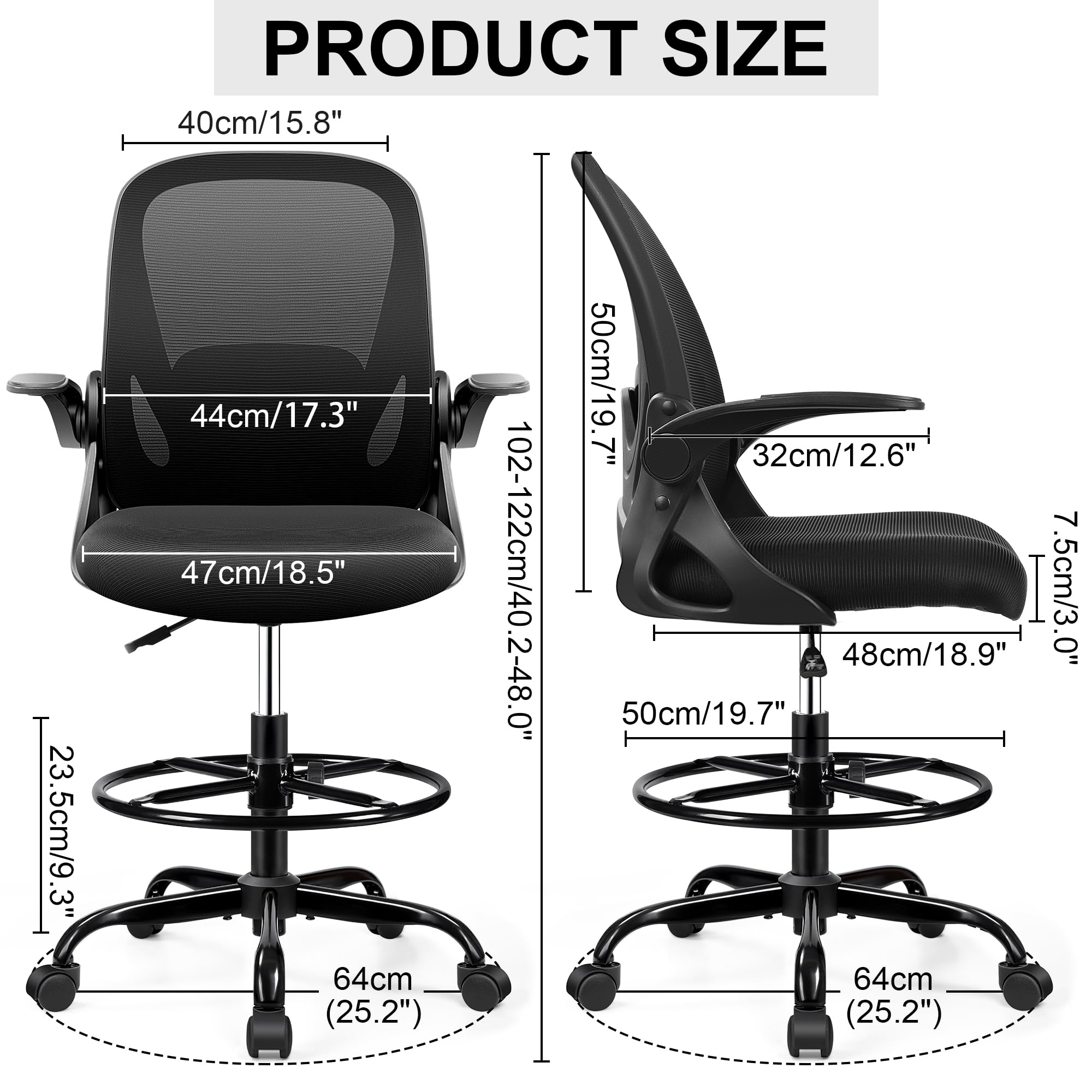 Drafting Chair Tall Office Chair with Flip-up Armrests, Adjustable Height, and Enhanced Lumbar Support - Ergonomic Rolling Stool, Back Support, and Adjustable Foot Rest Ring for Standing Desk Black