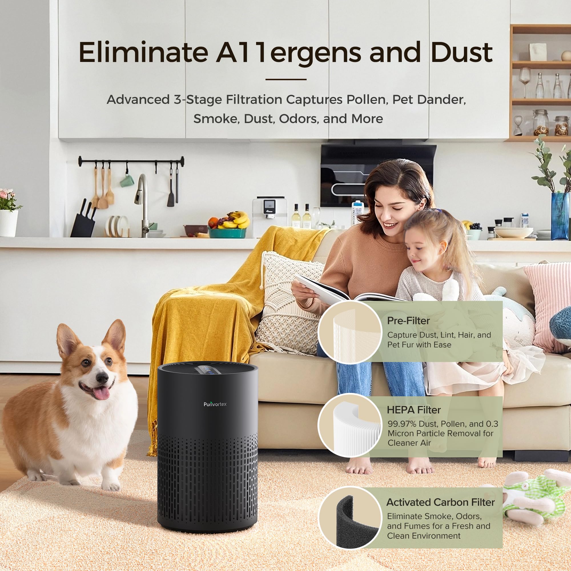 Air Purifiers for Bedroom, H13 True HEPA Filter for A11ergies, Pollen, Smoke, Dusts, Pets Dander, Odor, Hair, Ozone Free, 20db Quiet for Home, Room, Kitchen, SGS Certificaion - AC400 Black - Image 3