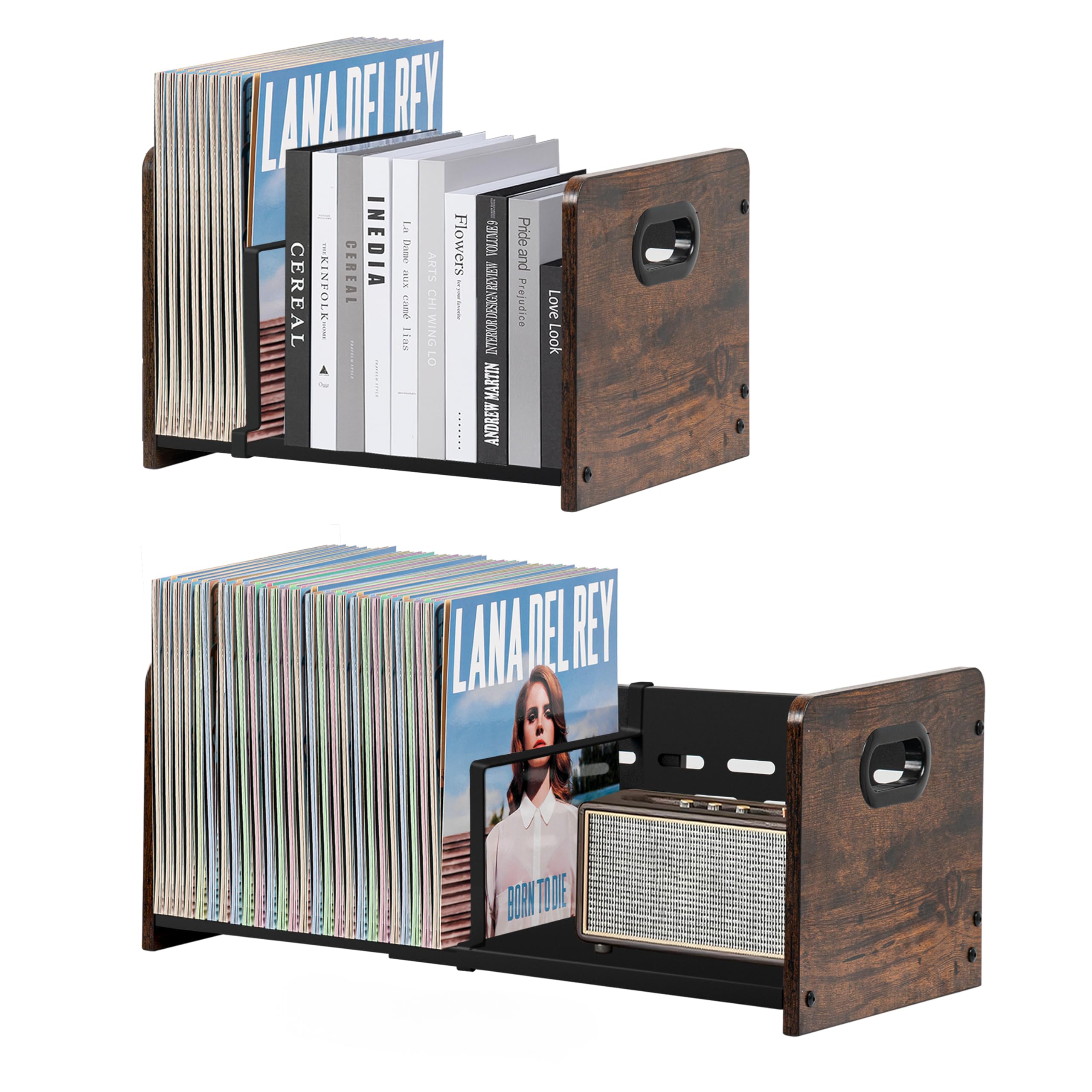 Photo 1 of LOFTEY Vinyl Record Storage Holder, Expandable Record Storage Rack with Adjustable Divider, 60-120 LP Album Storage for Vinyl Records, Magazine Holder, Rustic Brown