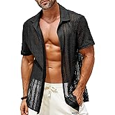 Runcati Mens Button Down Shirts Short Sleeve Hollow Out Knit Shirt Cuban Collar Casual Crochet Beach Summer Tops