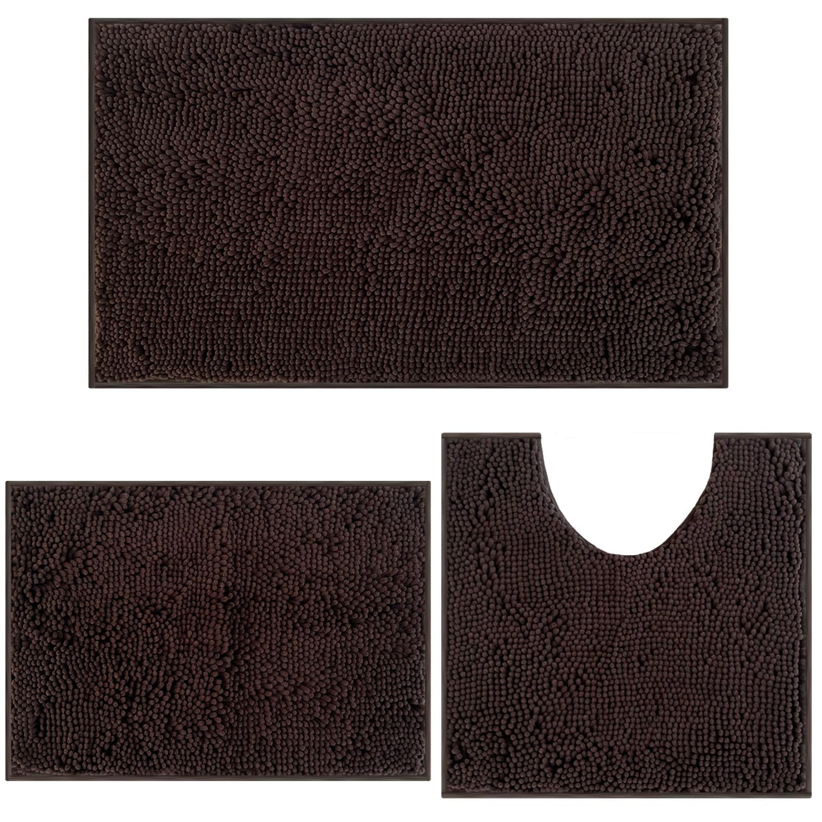 MEGAROOM Non Slip Chenille Bath Mat Set - Bathroom Mat Set with U-Shaped Toilet Mat - Soft and Anti Mould Bath Mat 3 Pieces for Safety and Comfort, Water Absorbent and Quick Drying（Dark Brown）
