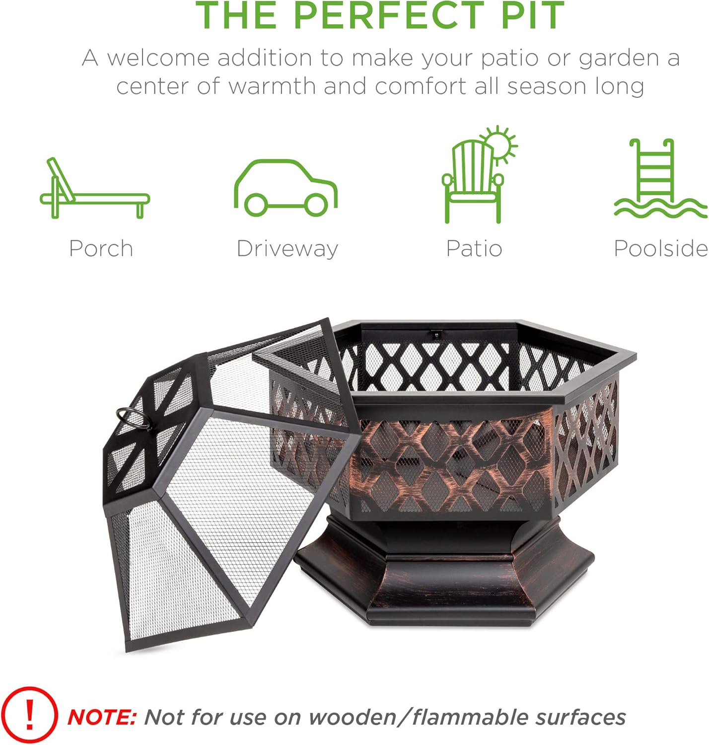 Best Choice Products Hex-Shaped 24in Steel Fire Pit for Garden, Backyard, Poolside w/Flame-Retardant Mesh Lid : Garden & Outdoor