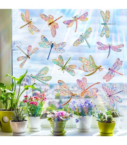 30 Pcs Butterfly Flower Cat Suncatcher Stickers - Rainbow Prism Window Clings To Prevent Bird Strikes