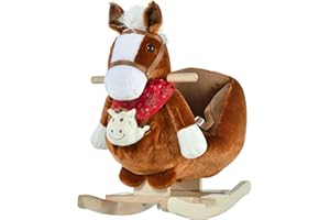 Qaba Kids Ride-On Rocking Horse Toy, Rocker with Lullaby Song, Hand Puppets & Soft Plush Fabric for Children 18-36 Months, Brown