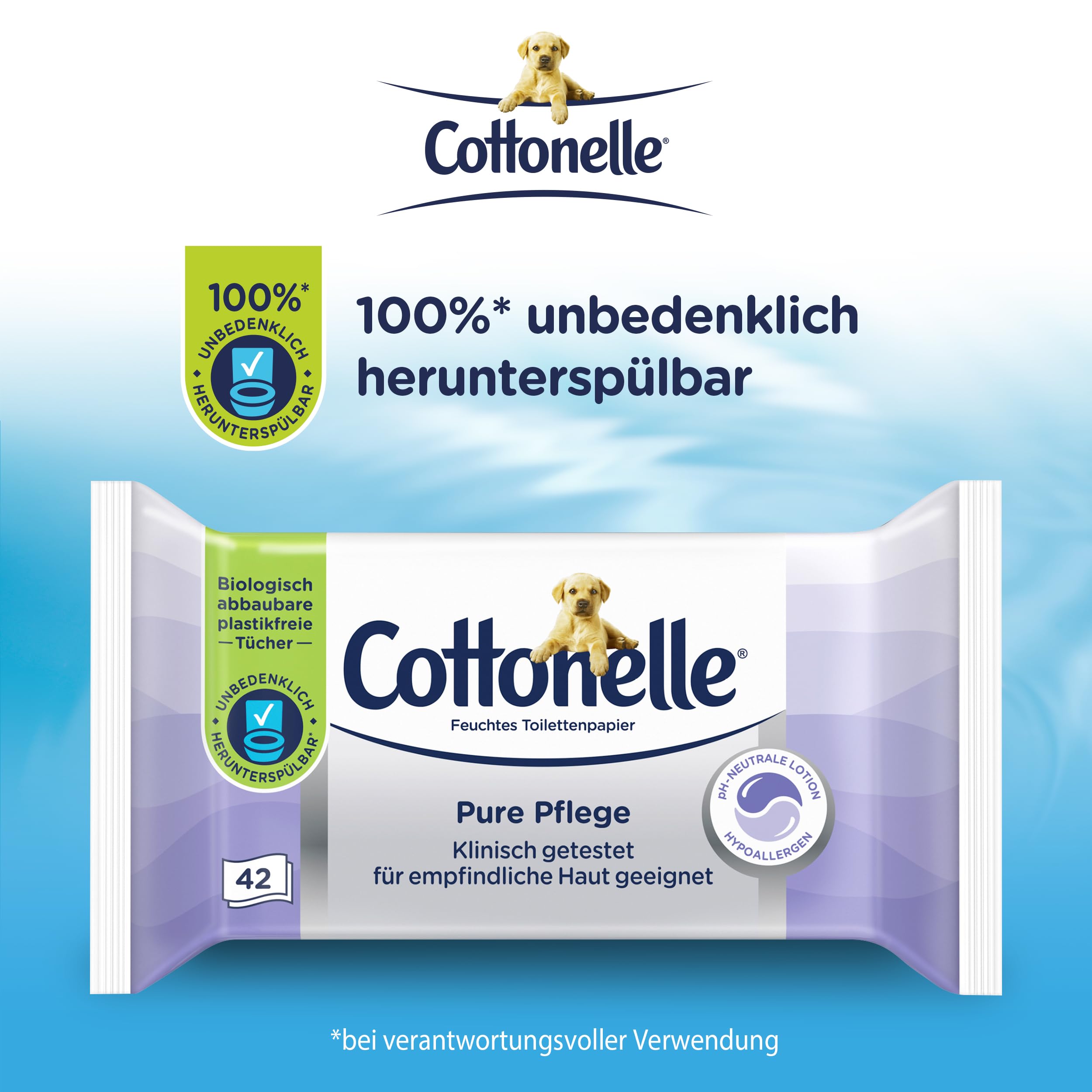 Cottonelle Feuchtes Toilettenpapier Pure Pflege, ultra-sensitive, 99% Wasser, 12 x 42 Tücher, parfümfrei & hypoallergen 2
