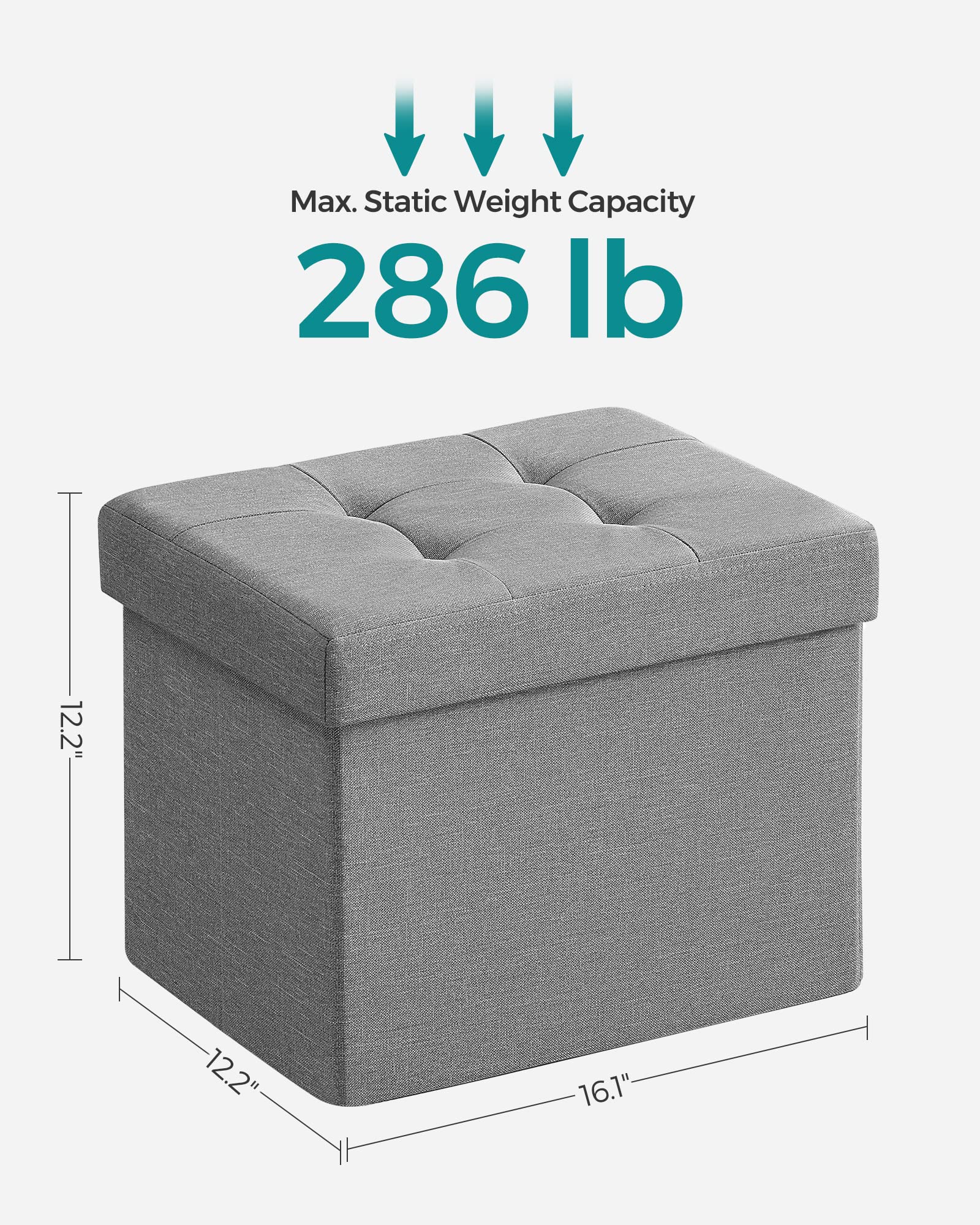 SONGMICS Mazie Collection - Small Folding Storage Ottoman, Foot Rest Stool, 12.2 x 16.1 x 12.2 Inches, 286 lb Load Capacity, for Living Room, Bedroom, Home Office, Dorm, Light Gray ULSF102G02